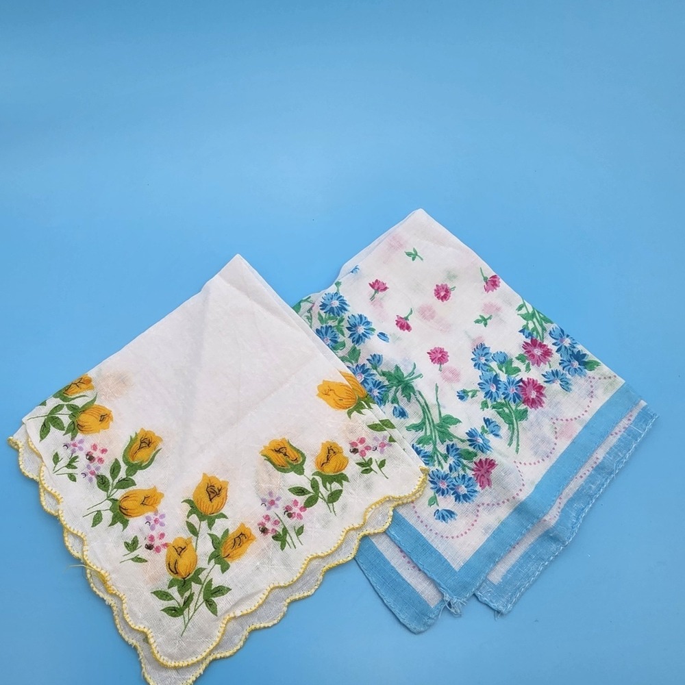 2 Vintage Floral Handkerchiefs Cotton Hankies Floral Scalloped Edges Yellow Blue